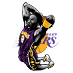 Ilustração de Kobe Bryant, jogador da NBA, no uniforme roxo e amarelo do Los Angeles Lakers, realizando uma enterrada. O fundo inclui o logotipo dos Lakers e o número 8, destacando sua carreira icônica no basquete.