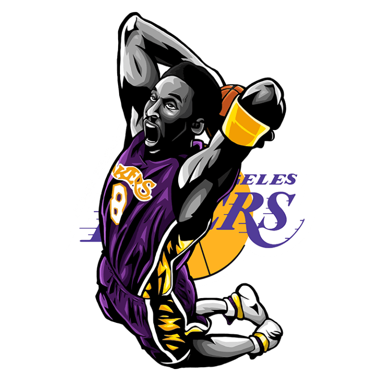 Ilustração de Kobe Bryant, jogador da NBA, no uniforme roxo e amarelo do Los Angeles Lakers, realizando uma enterrada. O fundo inclui o logotipo dos Lakers e o número 8, destacando sua carreira icônica no basquete.