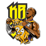 Ilustração de jogador de basquete celebrando com a camisa dos Los Angeles Lakers, mostrando o número 24, com um fundo gráfico vibrante e elementos estilizados representando sua paixão pelo esporte.