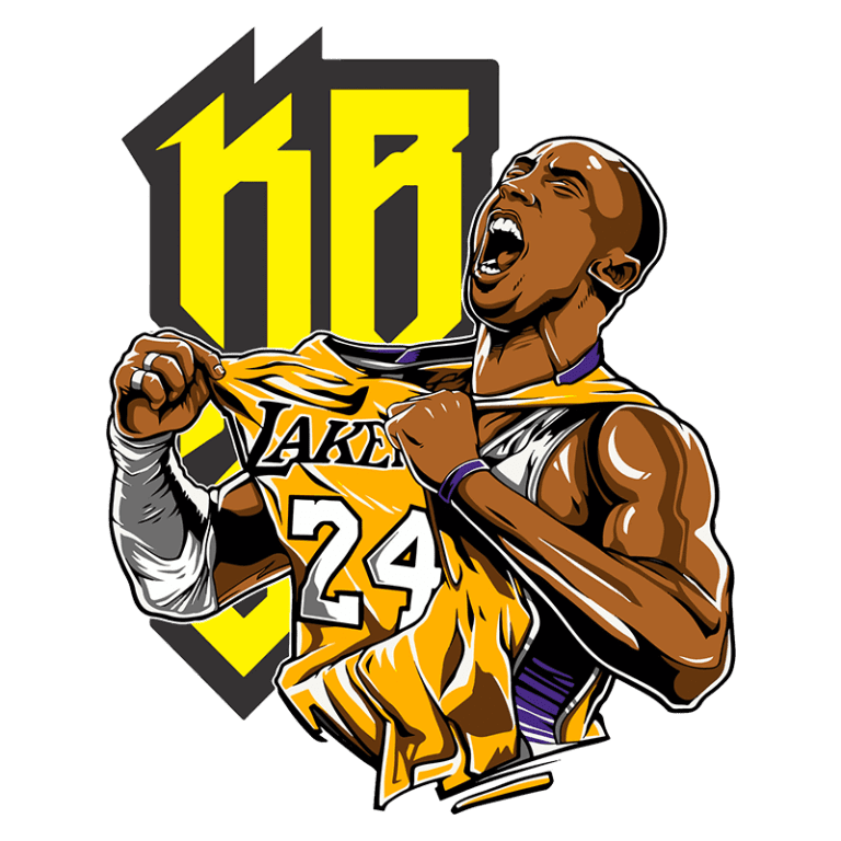 Ilustração de jogador de basquete celebrando com a camisa dos Los Angeles Lakers, mostrando o número 24, com um fundo gráfico vibrante e elementos estilizados representando sua paixão pelo esporte.