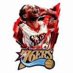 Ilustração do jogador de basquete Allen Iverson, celebrando com a camiseta do Philadelphia 76ers, incorporando elementos de design dinâmico e vibrante.