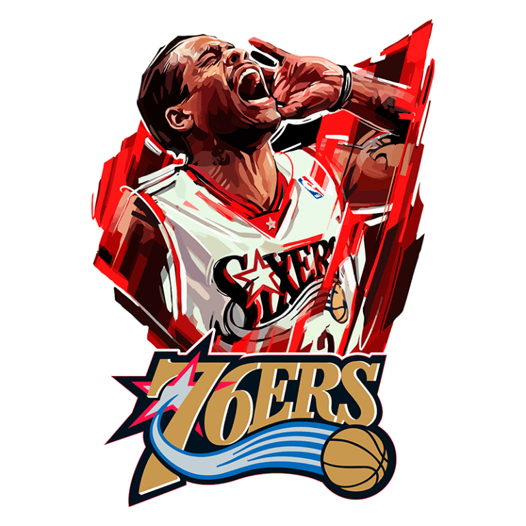 Ilustração do jogador de basquete Allen Iverson, celebrando com a camiseta do Philadelphia 76ers, incorporando elementos de design dinâmico e vibrante.
