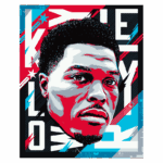 Retrato estilizado de um atleta com fundo colorido em vermelho e azul, destacando seu olhar intenso e cabelo curto, ideal para representar arte esportiva e cultura urbana.