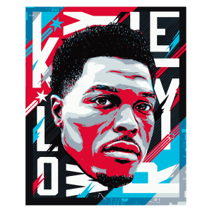 Retrato estilizado de um atleta com fundo colorido em vermelho e azul, destacando seu olhar intenso e cabelo curto, ideal para representar arte esportiva e cultura urbana.