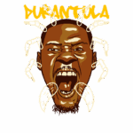 Ilustração de um homem gritando com aparência feroz, cercado por patas de aranha estilizadas em torno de seu rosto. O nome "DURANTULA" está escrito em letras grandes na parte superior, destacando a temática aranha e o impacto visual da imagem.