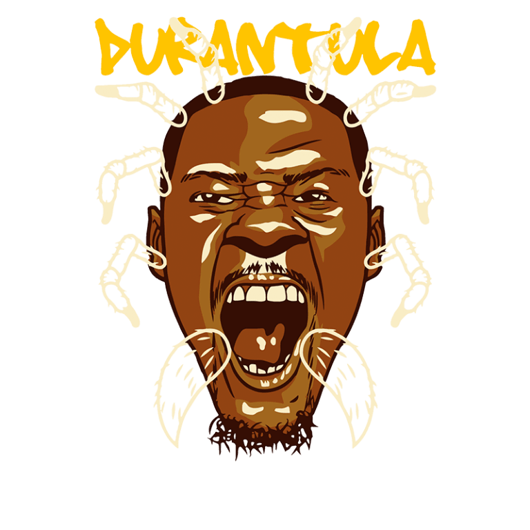 Ilustração de um homem gritando com aparência feroz, cercado por patas de aranha estilizadas em torno de seu rosto. O nome "DURANTULA" está escrito em letras grandes na parte superior, destacando a temática aranha e o impacto visual da imagem.