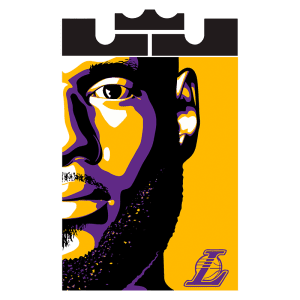 Imagem artística estilizada de um jogador de basquete com a marca dos Los Angeles Lakers, destacando seu rosto em cores vibrantes e traços marcantes. A arte captura a essência do jogador e a identidade da equipe.