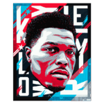 Retrato artístico de um homem com cabelo curto e barba, destacado em uma composição gráfica vibrante com cores vermelha, azul e preto, mostrando elementos urbanos e tipografia estilizada ao fundo.