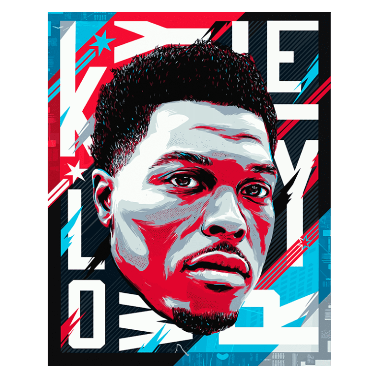 Retrato artístico de um homem com cabelo curto e barba, destacado em uma composição gráfica vibrante com cores vermelha, azul e preto, mostrando elementos urbanos e tipografia estilizada ao fundo.