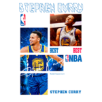 Imagem vibrante do jogador de basquete Stephen Curry, destaque do Golden State Warriors, com fundo azul e detalhes da NBA. Apresenta expressões emocionais durante o jogo e elementos gráficos como seu nome e número 30.