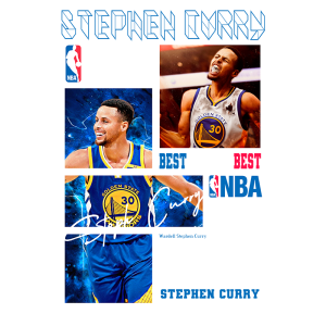Imagem vibrante do jogador de basquete Stephen Curry, destaque do Golden State Warriors, com fundo azul e detalhes da NBA. Apresenta expressões emocionais durante o jogo e elementos gráficos como seu nome e número 30.