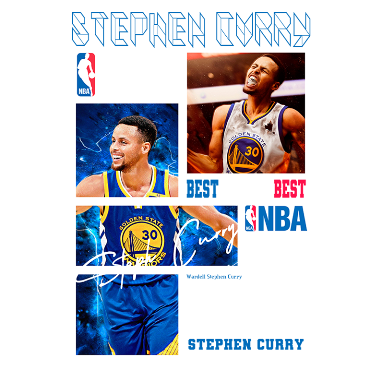 Imagem vibrante do jogador de basquete Stephen Curry, destaque do Golden State Warriors, com fundo azul e detalhes da NBA. Apresenta expressões emocionais durante o jogo e elementos gráficos como seu nome e número 30.