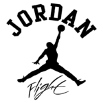 Logotipo da marca Jordan com a silhueta de um jogador de basquete em ação, destacando o slogan "Flight". Ideal para fãs do esporte e da cultura sneaker.