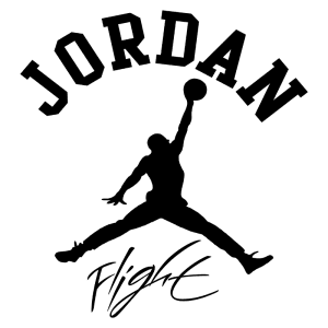 Logotipo da marca Jordan com a silhueta de um jogador de basquete em ação, destacando o slogan "Flight". Ideal para fãs do esporte e da cultura sneaker.
