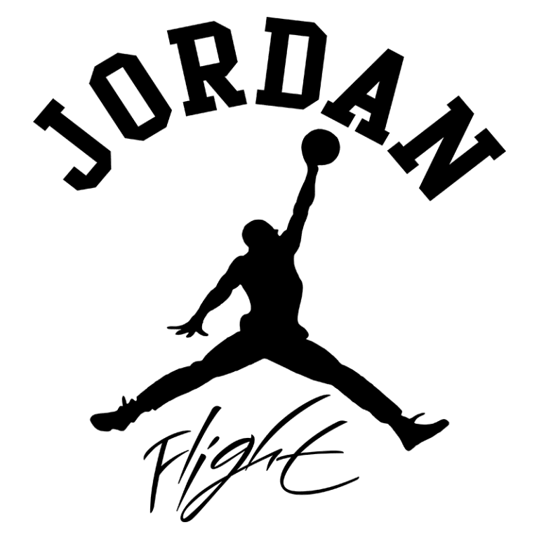 Logotipo da marca Jordan com a silhueta de um jogador de basquete em ação, destacando o slogan "Flight". Ideal para fãs do esporte e da cultura sneaker.