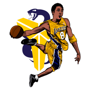 Jogador de basquete em ação, vestido com uniforme dos Los Angeles Lakers, fazendo uma enterrada, com uma cobra estilizada ao fundo.