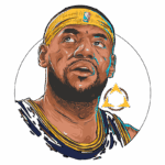 Ilustração de jogador de basquete, olhando para cima, usando uma faixa amarela na cabeça e um uniforme da NBA, com destaque para o logotipo da liga. Ideal para conteúdos sobre basquete, LeBron James e cultura esportiva.