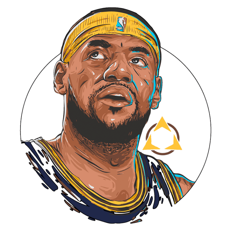 Ilustração de jogador de basquete, olhando para cima, usando uma faixa amarela na cabeça e um uniforme da NBA, com destaque para o logotipo da liga. Ideal para conteúdos sobre basquete, LeBron James e cultura esportiva.