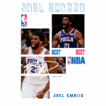 Imagem dedicada a Joel Embiid, jogador da NBA, destacando suas atuações nos playoffs. Apresenta fotos de Embiid em ação, com a camisa dos Philadelphia 76ers e assinaturas. O design inclui textos como "Best of the Best" e "Playoffs". Ideal para fãs de basquete e colecionadores.