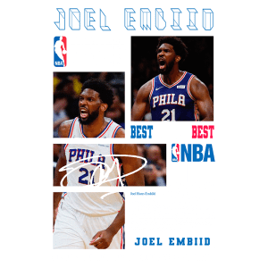 Imagem dedicada a Joel Embiid, jogador da NBA, destacando suas atuações nos playoffs. Apresenta fotos de Embiid em ação, com a camisa dos Philadelphia 76ers e assinaturas. O design inclui textos como "Best of the Best" e "Playoffs". Ideal para fãs de basquete e colecionadores.