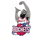 Ilustração do jogador de basquete James Harden em ação, vestindo a camisa do Houston Rockets, com a frase "Stir It Up" e o logotipo dos Rockets em destaque. A imagem captura a dinâmica do basquete e o estilo icônico de Harden.