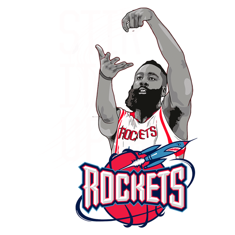 Ilustração do jogador de basquete James Harden em ação, vestindo a camisa do Houston Rockets, com a frase "Stir It Up" e o logotipo dos Rockets em destaque. A imagem captura a dinâmica do basquete e o estilo icônico de Harden.