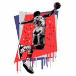 Jogador de basquete saltando para uma enterrada, vestindo uniforme branco com detalhes coloridos e o nome "IRVING" nas costas. Fundo artístico com estrelas e cores vibrantes.