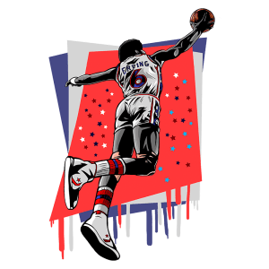 Jogador de basquete saltando para uma enterrada, vestindo uniforme branco com detalhes coloridos e o nome "IRVING" nas costas. Fundo artístico com estrelas e cores vibrantes.