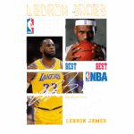 Imagem de LeBron James destacando sua carreira na NBA, com foco em suas conquistas nos playoffs. A arte inclui uma foto dele vestindo a camisa dos Lakers, uma imagem de close segurando uma bola, e uma citação sobre talento e trabalho em equipe.