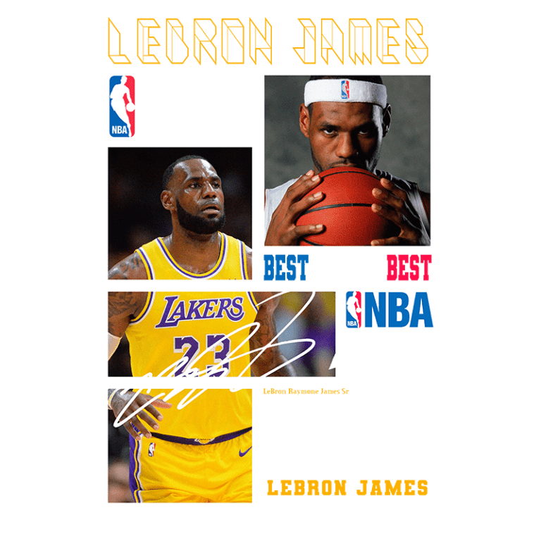 Imagem de LeBron James destacando sua carreira na NBA, com foco em suas conquistas nos playoffs. A arte inclui uma foto dele vestindo a camisa dos Lakers, uma imagem de close segurando uma bola, e uma citação sobre talento e trabalho em equipe.