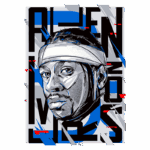 Ilustração estilizada de um jogador de basquete com bandana, destacando o rosto, em uma paleta de cores vibrantes com azul, preto e cinza, junto ao texto "ALEN MRS". Ideal para conteúdo sobre cultura do basquete ou moda esportiva.