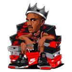 Ilustração de um jogador de basquete estilizado, sentado em uma pilha de caixas de tênis Nike e Jordan. Ele usa uma camiseta dos Chicago Bulls, um colar e apresenta um olhar confiante. Os tênis no pé são Air Jordan 4, destacando a cultura sneaker e o legado de Michael Jordan.