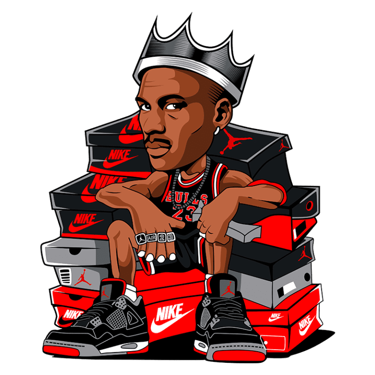 Ilustração de um jogador de basquete estilizado, sentado em uma pilha de caixas de tênis Nike e Jordan. Ele usa uma camiseta dos Chicago Bulls, um colar e apresenta um olhar confiante. Os tênis no pé são Air Jordan 4, destacando a cultura sneaker e o legado de Michael Jordan.