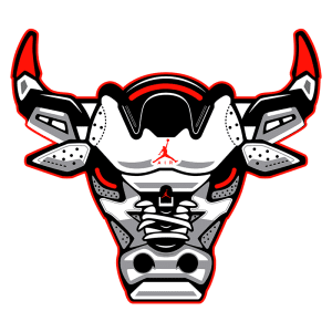 Imagem estilizada de um touro, incorporando elementos do design de tênis Air Jordan, com cores predominantes em preto, branco e vermelho. Ideal para fãs de moda urbana e cultura sneaker.