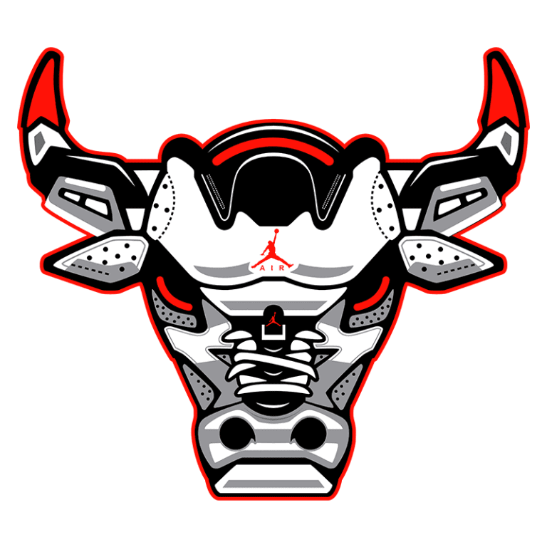 Imagem estilizada de um touro, incorporando elementos do design de tênis Air Jordan, com cores predominantes em preto, branco e vermelho. Ideal para fãs de moda urbana e cultura sneaker.