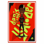 Ilustração de jogador de basquete com uniforme do Atlanta Hawks, segurando uma bola, fundo em cores vibrantes de vermelho e amarelo, design estilizado e moderno.