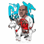Imagem ilustrativa de um personagem em estilo cartoon, representando um jogador de basquete com a camisa número 23, montando uma cabra. O fundo contém grafites coloridos com a frase "THE GOAT", destacando o conceito de "Maior de Todos os Tempos".