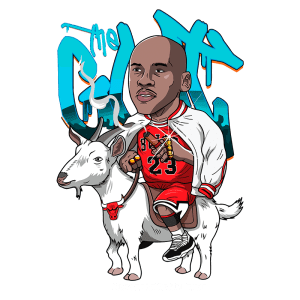 Imagem ilustrativa de um personagem em estilo cartoon, representando um jogador de basquete com a camisa número 23, montando uma cabra. O fundo contém grafites coloridos com a frase "THE GOAT", destacando o conceito de "Maior de Todos os Tempos".