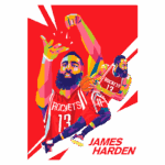 Ilustração colorida de James Harden jogando pelo Houston Rockets, destacando suas habilidades no basquete com formas dinâmicas e um fundo vibrante.