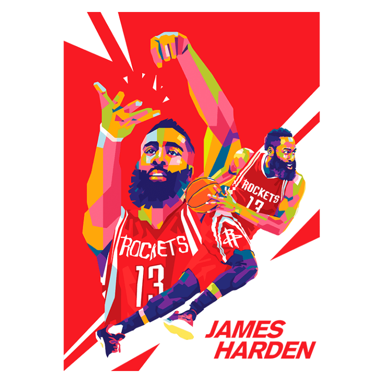 Ilustração colorida de James Harden jogando pelo Houston Rockets, destacando suas habilidades no basquete com formas dinâmicas e um fundo vibrante.