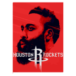 Imagem estilizada de um jogador de basquete com barba, representando os Houston Rockets, com fundo vermelho e logotipo da equipe em destaque.