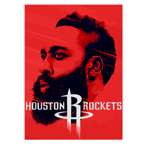 Imagem estilizada de um jogador de basquete com barba, representando os Houston Rockets, com fundo vermelho e logotipo da equipe em destaque.