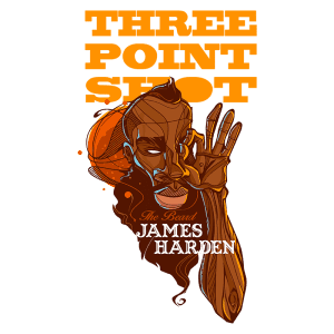 Ilustração de James Harden, jogador de basquete, com destaque para o arremesso de três pontos. O design estilizado mostra o jogador com sua famosa barba, a bola de basquete e a frase "Three Point Shot". Ideal para fãs de basquete e cultura esportiva.