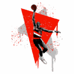 Jogador de basquete estilizado em ação, usando o uniforme do Portland Trail Blazers, realizando um salto impressionante com a bola. Fundo com elementos gráficos vermelhos e tons de graffiti.
