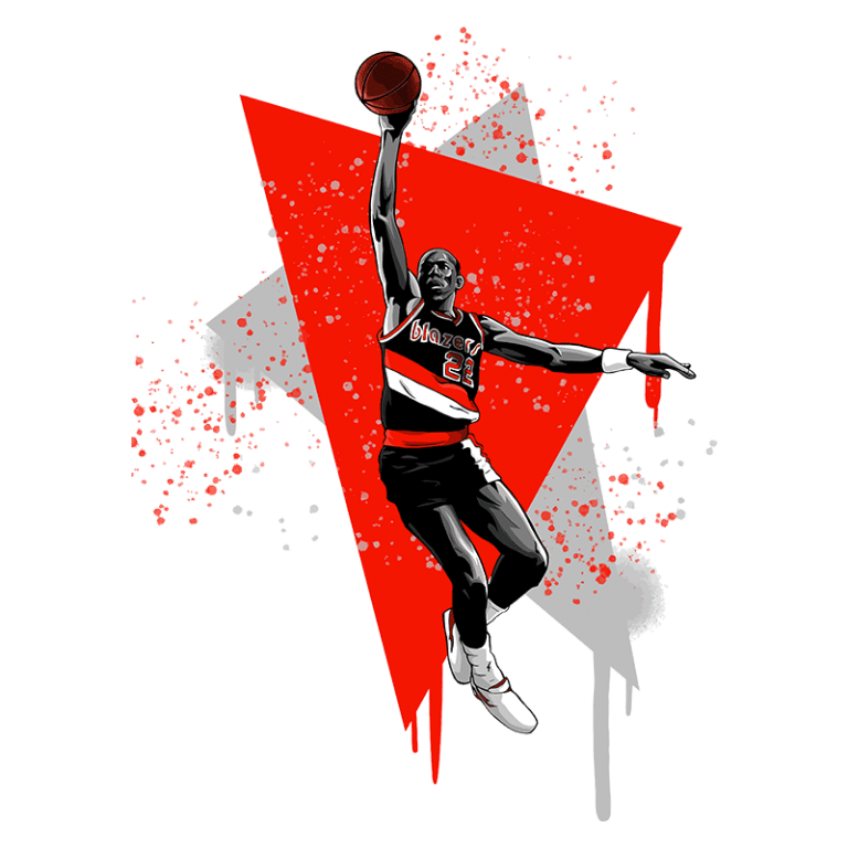 Jogador de basquete estilizado em ação, usando o uniforme do Portland Trail Blazers, realizando um salto impressionante com a bola. Fundo com elementos gráficos vermelhos e tons de graffiti.