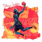Ilustração do jogador de basquete DeMarcus Cousins, apresentando-o em ação com uma bola de basquete. O fundo é vibrante, com a palavra "BOOGIE" destacada em letras grandes.
