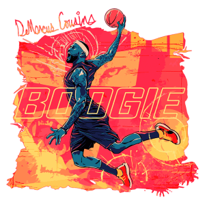 Ilustração do jogador de basquete DeMarcus Cousins, apresentando-o em ação com uma bola de basquete. O fundo é vibrante, com a palavra "BOOGIE" destacada em letras grandes.