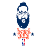 Ilustração de um rosto estilizado de um jogador de basquete com barba, acompanhado do texto "beard gang" em destaque. Abaixo, há o logotipo da NBA. Ideal para fãs de basquete e cultura esportiva.