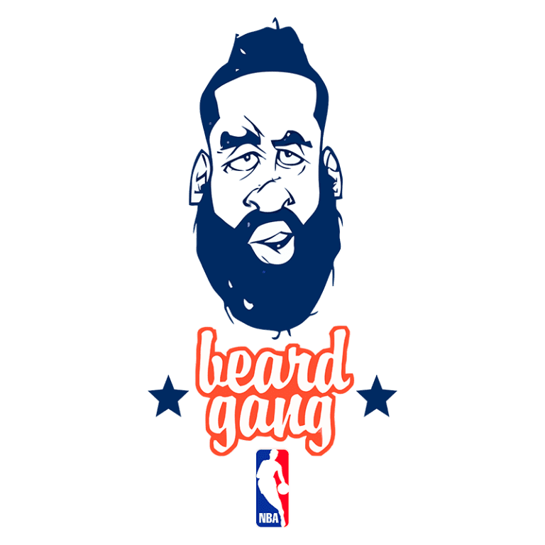 Ilustração de um rosto estilizado de um jogador de basquete com barba, acompanhado do texto "beard gang" em destaque. Abaixo, há o logotipo da NBA. Ideal para fãs de basquete e cultura esportiva.
