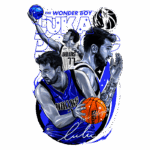 Ilustração de Luka Dončić, jogador do Dallas Mavericks, destacando seu talento no basquete. A imagem apresenta Luka em diferentes poses, segurando uma bola de basquete e exibindo a camisa da equipe. O design inclui elementos gráficos nas cores azul e preta, com a assinatura de Luka e referências ao seu status como "Wonder Boy". Ideal para fãs e colecionadores de memorabilia esportiva.